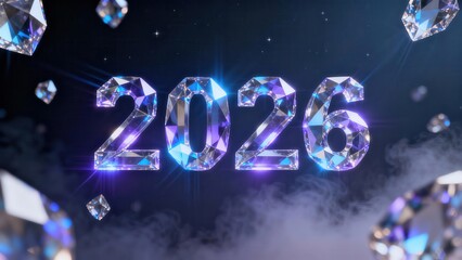 Sparkling crystal numerals representing the year twenty twenty six illuminate a dark, smoky background