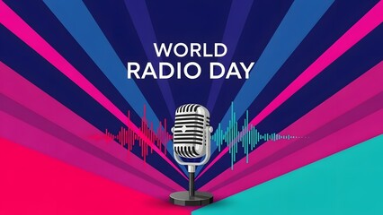 World Radio Day vintage microphone with sound waves and colorful background retro microphone