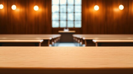 Row of Desk Facing the Front Empty classroom with rows of desks and a teacher desk at the front, ready for a lecture or lesson