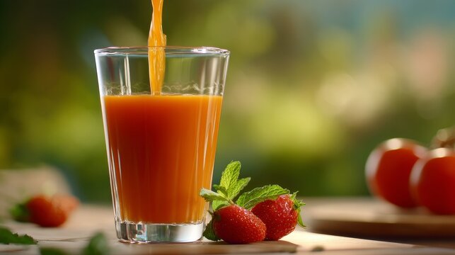 Pouring fresh tomato juice into glass with strawberries and mint on wooden table outdoors