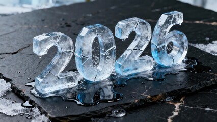 Three dimensional ice numbers displaying the year twenty twenty six slowly melt upon a dark stone surface