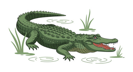 Obraz premium Detailed cartoon illustration of a green alligator with its mouth wide open emerging from swampy water with reeds.