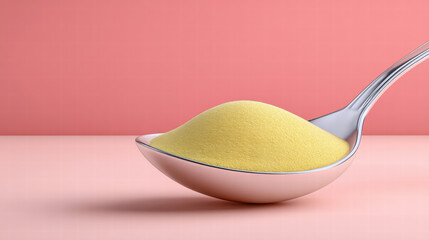 Kosher collagen powder in nutraceuticals form on spoon with soft pink background for health and beauty use