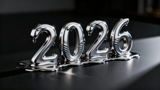 Metallic numerical display representing the year twenty twenty six melting onto a dark surface
