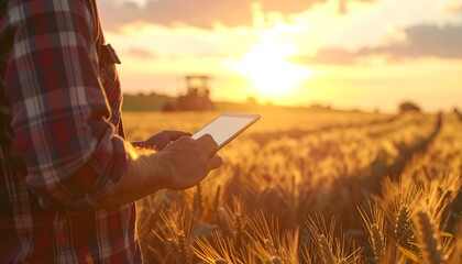 Modern farmer leveraging digital tablet technology in a sun-kissed golden wheat field during sunset, symbolizing innovation in agricultural management and sustainable crop monitoring for the future