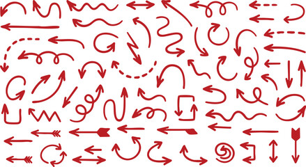 Collection of Hand Drawn Red Arrows and Symbols on White Background direction
