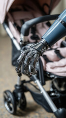 A cybernetic robot arm gently grips a baby stroller handle in a modern setting, showcasing innovative technology designed to aid parents in child care tasks