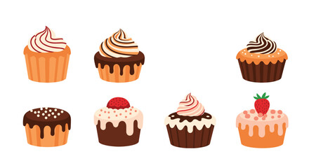 A delicious set of eight different cupcakes with various frostings chocolate drips and strawberry toppings for a bakery.