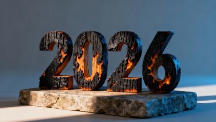 Fiery wooden numerals representing the future year twenty twenty six rest upon a stone block