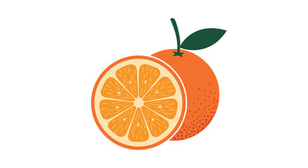 A simple and modern graphic illustration of a whole orange and a cut half showing the juicy segments inside.