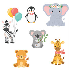 Cute Safari and Zoo Animals Vector Collection – Zebra, Penguin, Elephant, Koala, Lion, and Giraffe