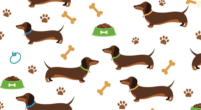 A cute seamless pattern of dachshund dogs with food bowls bones and paw prints on a white background.