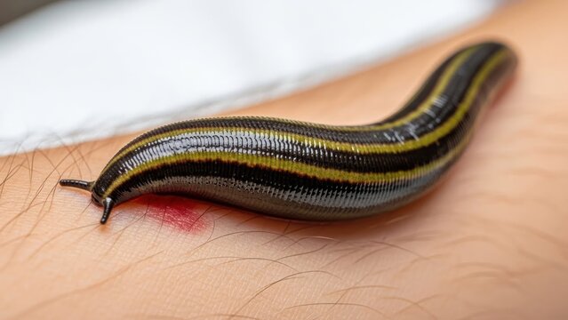 A black and yellow striped flatworm on a human skin with a red mark on it.
