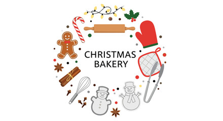 A circular frame of Christmas bakery items and utensils with text in the middle for a holiday baking theme.