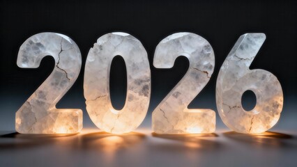 Glowing crystalline numbers spell out the year twenty twenty six in a dark setting