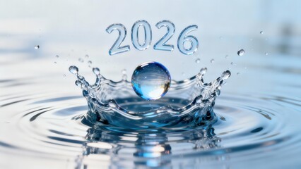 Year designation suspended above dynamic water splash and perfectly formed sphere