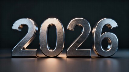 Three dimensional metallic numerals display the year twenty twenty six against a dark backdrop