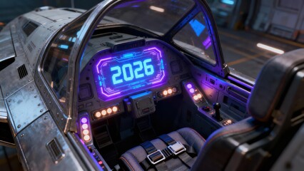 Futuristic aircraft cockpit features a brightly illuminated digital display showing the year two thousand twenty six
