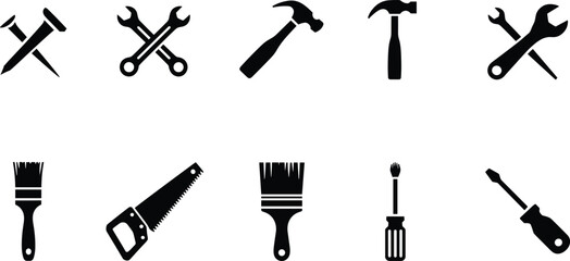 Black silhouette icons of construction and repair tools including hammer, wrench, screwdriver, paint brush, and saw vector illustration