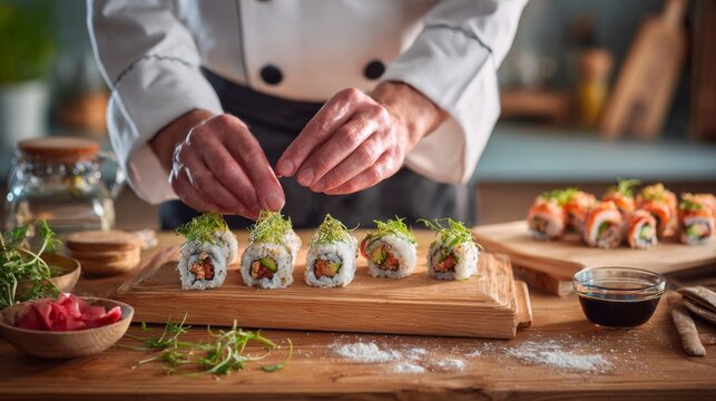 Chef preparing sushi rolls with fresh ingredients and garnishes on wooden board in bright kitchen setting, showcasing culinary art with vibrant colors - Powered by Adobe