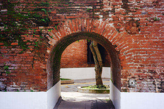 Beautiful red brick tunnel, Ruins of a solidly built defensive fort - Powered by Adobe
