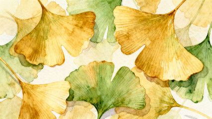 Naklejka premium Autumn Ginkgo Leaves Watercolor Pattern Background ,Dreamy Autumn Ginkgo Fan Leaves Composition ,Golden and Green Ginkgo Foliage