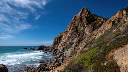 A majestic coastal mountain range rises dramatically above the Pacific Ocean under a brilliant blue sky with wispy clouds along the California coastline landscape.