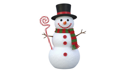 Fototapeta premium Festive Snowman Character with Black Top Hat, Striped Scarf, and Candy Cane Isolated