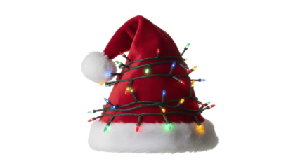 Red Santa Hat Wrapped with Colorful Christmas Lights Isolated on White Background