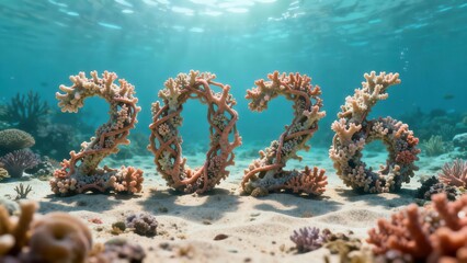 Year numerical inscription crafted from natural coral structures rests on the sandy seabed beneath clear blue ocean water