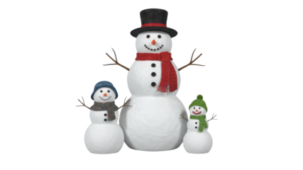 Three Snowman Family with Winter Hats and Scarves isolated on White Background