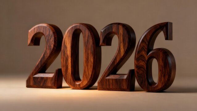 Three dimensional numerals representing the year twenty twenty six are displayed in polished dark wood