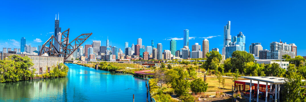 Chicago, USA. City of Chicago skyline and Chicago river rusty bridge panoramic view