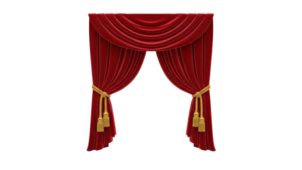 Luxurious Red Velvet Theater Curtains Draped with Golden Tassels Isolated