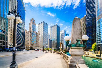 Chicago, USA. Downtown Chicago green river and iconic landmarks view