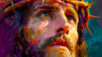 A portrait of Jesus Christ with crown thorns on his head