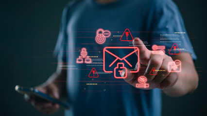 Man hand holding smartphone with red email spam phishing warning icon. Cyber security hacker attack concept. Digital malware virus scam alert notification risk danger network safety.