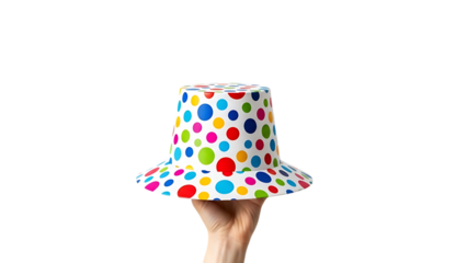 Hand Holding a Vibrant White Party Hat Adorned with Colorful Polka Dots