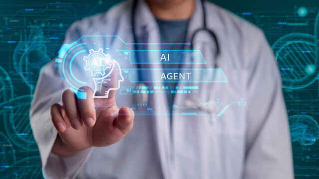 Doctor hand touching AI agent virtual screen interface hospital. Artificial intelligence medical healthcare technology concept. Smart robot diagnosis future science digital innovation system. - Powered by Adobe