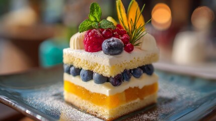Delicious layered cake with fresh berries, mango, cream, and mint leaves served on a blue plate, perfect for dessert lovers in a cozy setting