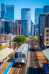 Chicago, USA. Chicago L elevated rapid transit system station and train view