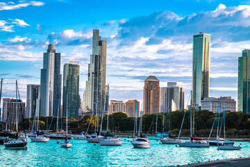 Fototapeta premium Chicago, USA. Chicago skyline and lake Michigan sailing harbor view