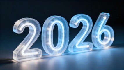 Illuminated three dimensional numbers forming the year twenty twenty six appear in a row