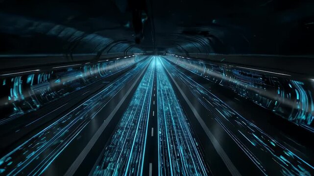 Tunnel perspective with glowing blue lines, creating a sense of movement and futuristic design