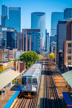 Chicago, USA. Chicago L elevated rapid transit system station and train view