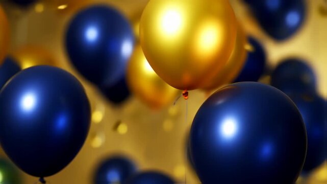 Blue and gold balloons are floating in the air