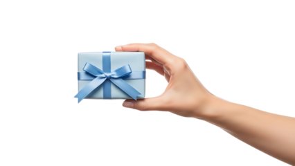 Human Hand Holding Small Light Blue Gift Box Tied with a Satin Ribbon Bow