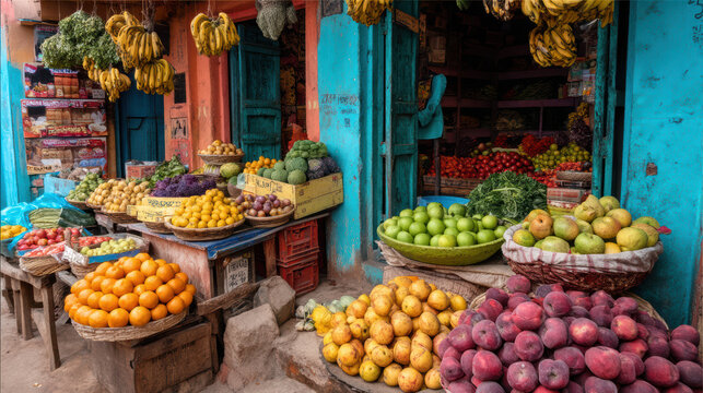 Vibrant market scene displays fresh fruits and vegetables in colorful baskets and crates, creating an inviting and abundant display of local produce and goods. - Powered by Adobe