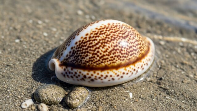 A cowrie shell on a sandy beach.