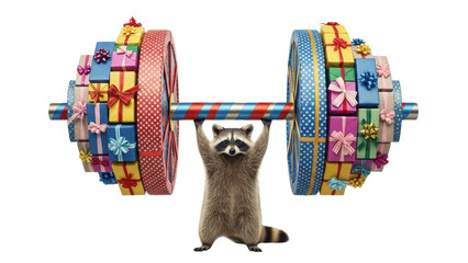 Strong Raccoon Lifting Heavy Barbell Made of Colorful Gift Boxes isolated PNG with Transparent Background